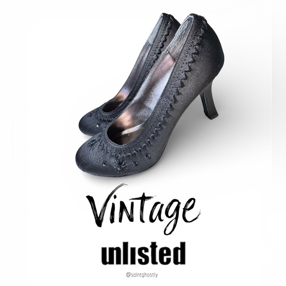 Unlisted by Kenneth Cole Shoes - Sold Vintage Unlisted Black Satin Embellished Round Toe Heels Size 7 Women’s Y2K